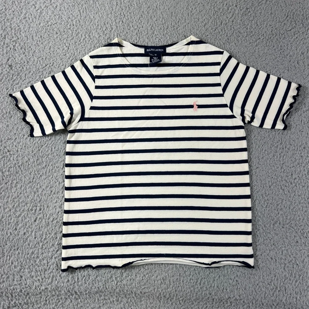 Ralph Lauren Striped T-Shirt Girls Size 6X Navy White Pink Pony Lettuce Trim NWT